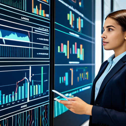 A professional male and female financial analyst, fully clothed in modest business suits, stand confidently in a sophisticated, high-tech modern bank office. They are looking at a large, interactive transparent screen displaying complex financial data visualizations, charts, and digital currency flows, symbolizing automated efficiency and streamlined processes. The background features sleek glass walls and subtle glowing lines representing data networks. The atmosphere is professional, innovative, and secure, fully clothed, modest clothing, appropriate attire, professional dress, safe for work, appropriate content, professional, perfect anatomy, correct proportions, natural pose, well-formed hands, proper finger count, natural body proportions, professional photography, high quality, sharp focus, vibrant colors, futuristic aesthetic.