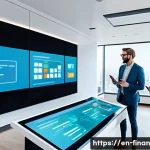 Home 22 금융 자동화를 위한 정부 정책 지원 - A modern fintech startup office scene showcasing diverse professionals collaborating around a large ...