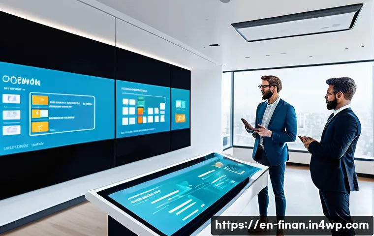 금융 자동화를 위한 정부 정책 지원 - A modern fintech startup office scene showcasing diverse professionals collaborating around a large ...