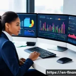 Home 21 금융 거래 자동화를 위한 소프트웨어 리뷰 - A modern home office setup with a diverse professional woman sitting at a sleek desk, multiple monit...