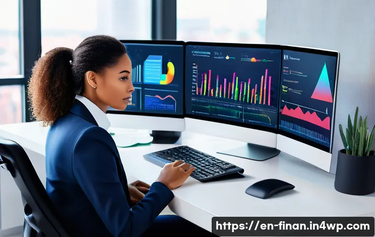 금융 거래 자동화를 위한 소프트웨어 리뷰 - A modern home office setup with a diverse professional woman sitting at a sleek desk, multiple monit...