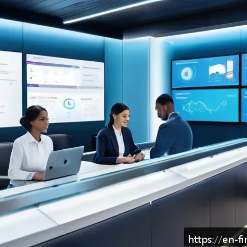 Home 32 금융 자동화와 로봇 프로세스 자동화 RPA - A modern bank branch interior showing a diverse team of bank employees working alongside digital aut...
