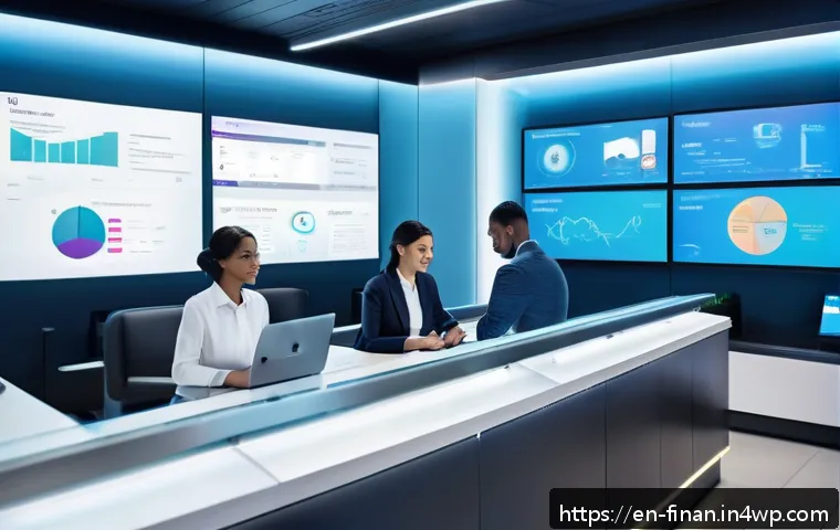 금융 자동화와 로봇 프로세스 자동화 RPA - A modern bank branch interior showing a diverse team of bank employees working alongside digital aut...