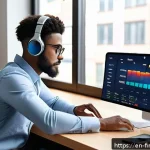 Home 19 금융 자동화 플랫폼의 사용자 경험 - A modern home office setup featuring a young professional using a sleek laptop displaying an automat...