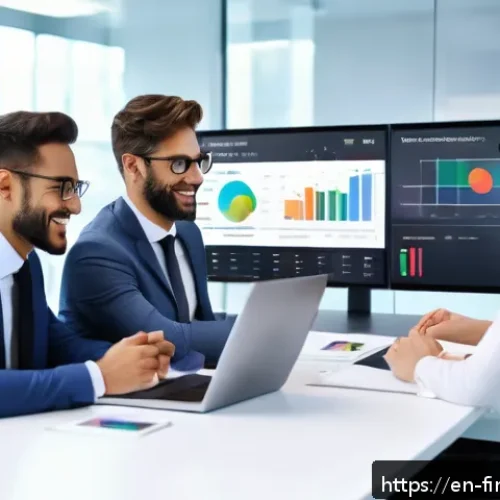Home 17 금융 프로세스 자동화 사례 연구 - A modern office environment showing a diverse finance team collaborating around a large digital touc...