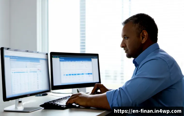 금융 자동화의 유지보수 및 업데이트 방법 - Photorealistic financial technology maintenance scene, a middle-aged analyst in a tidy home office r...