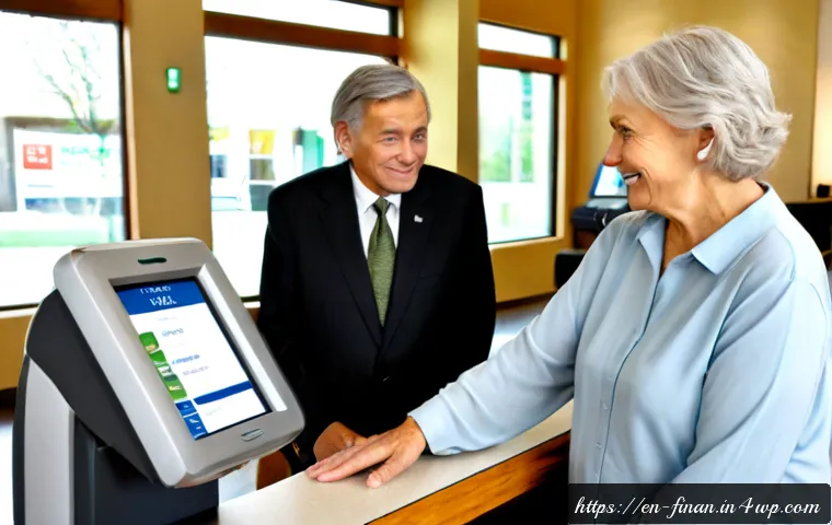 금융 자동화의 사회적 영향 - Photorealistic modern community bank lobby in the United States, a diverse middle-aged couple and an...